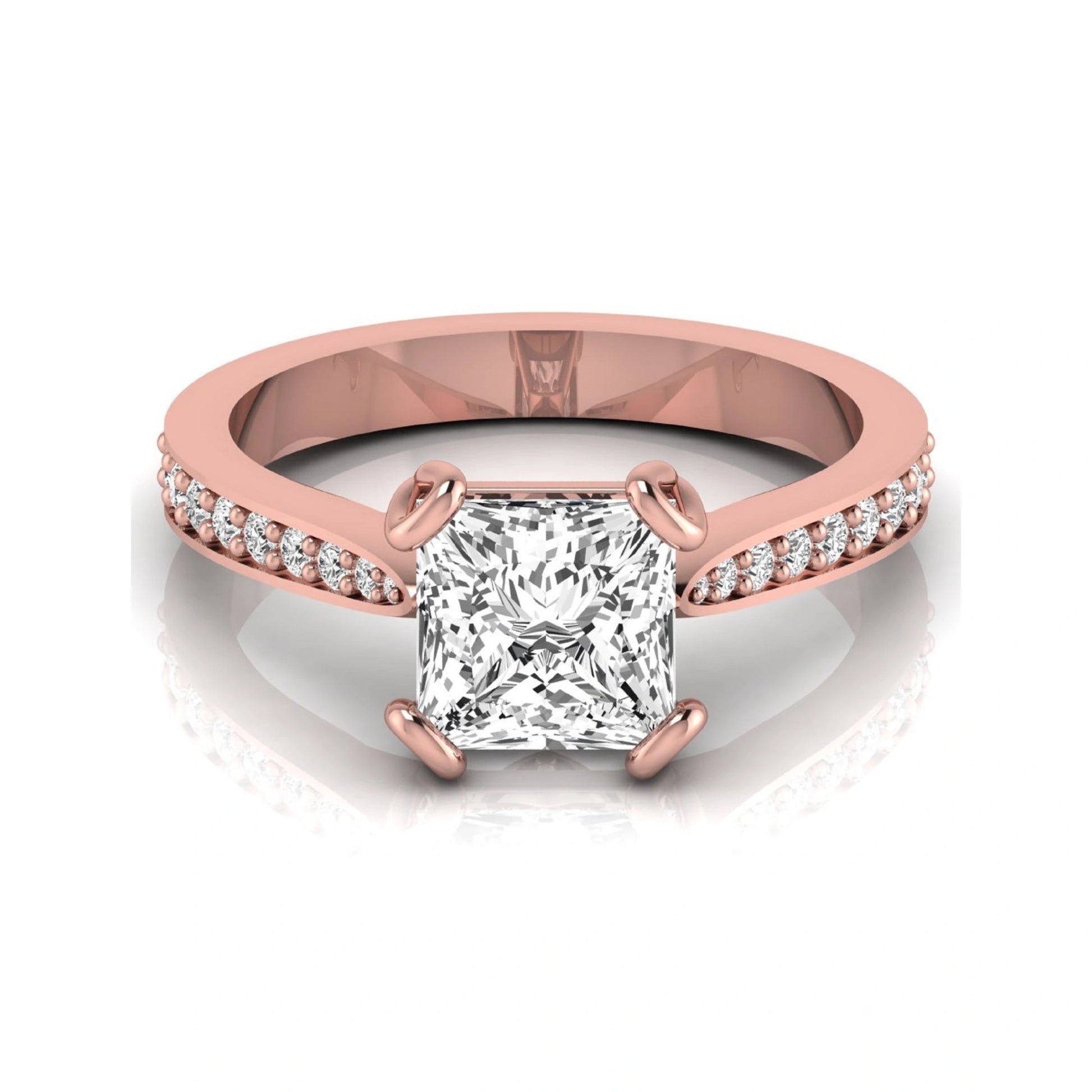 Princess cut lab grown diamond solitaire engagement ring featuring a four-prong setting with a pavé diamond band in rose gold tone.