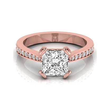 Princess cut lab grown diamond solitaire engagement ring featuring a four-prong setting with a pavé diamond band in rose gold tone.