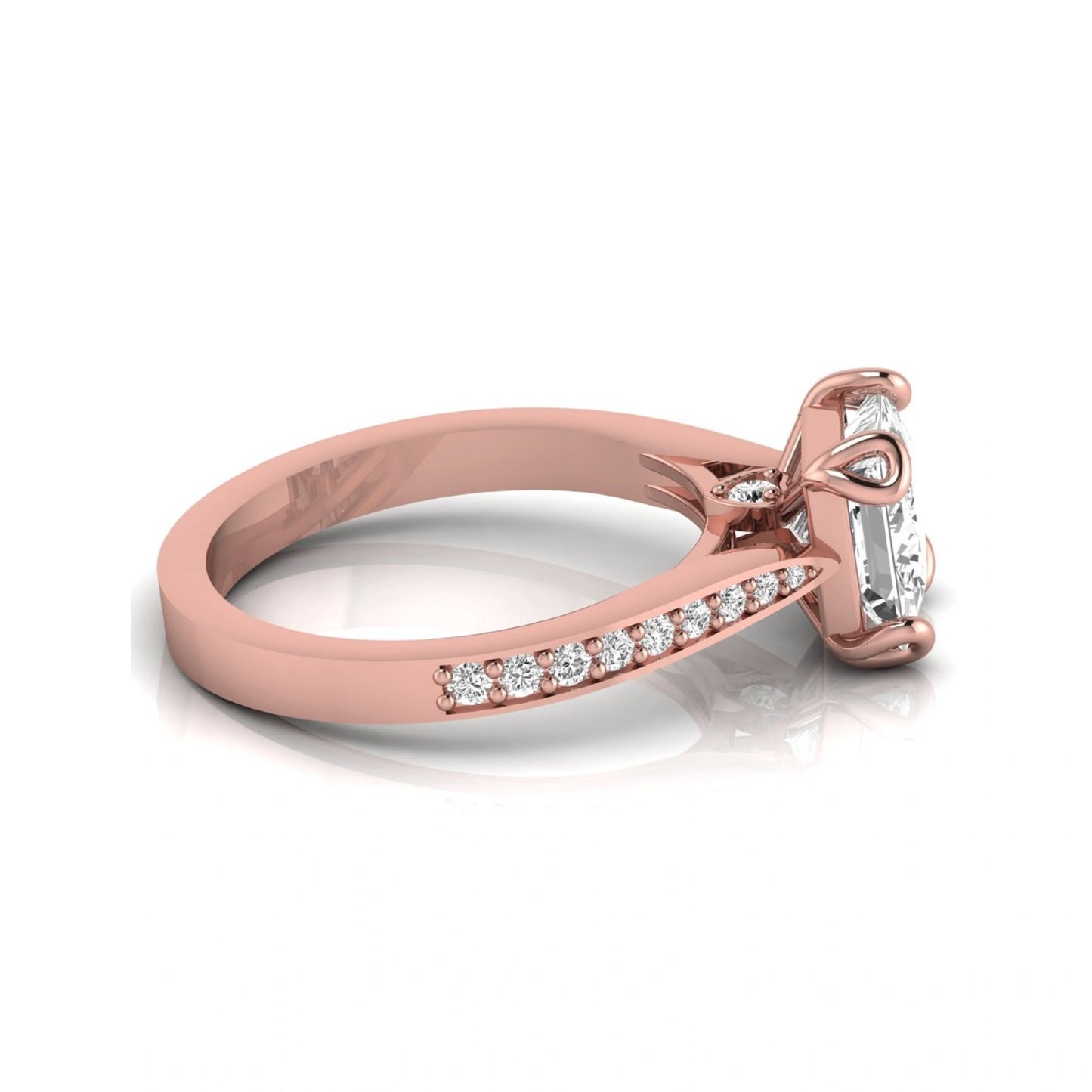 Princess cut lab grown diamond solitaire engagement ring featuring a four-prong setting with a pavé diamond band in rose gold tone.
