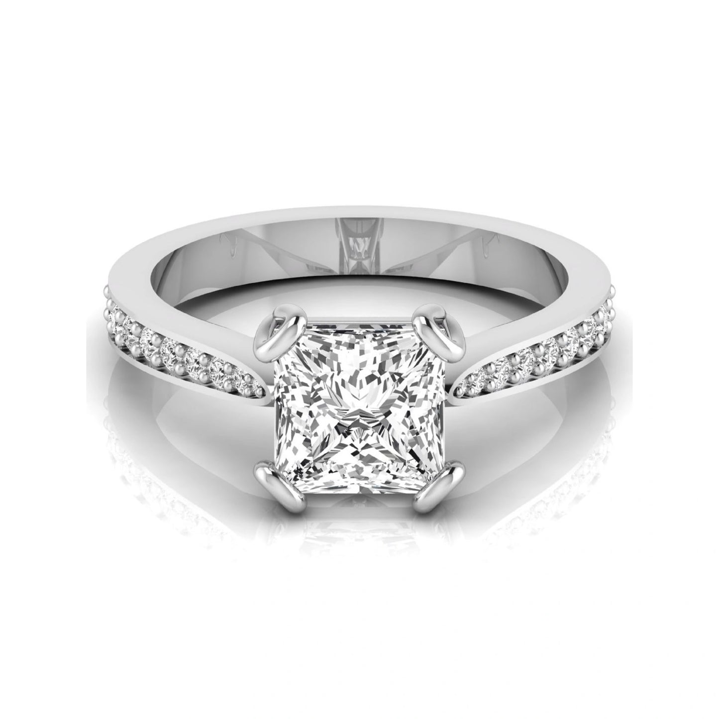 Princess cut lab grown diamond solitaire engagement ring featuring a four-prong setting with a pavé diamond band in white gold tone.