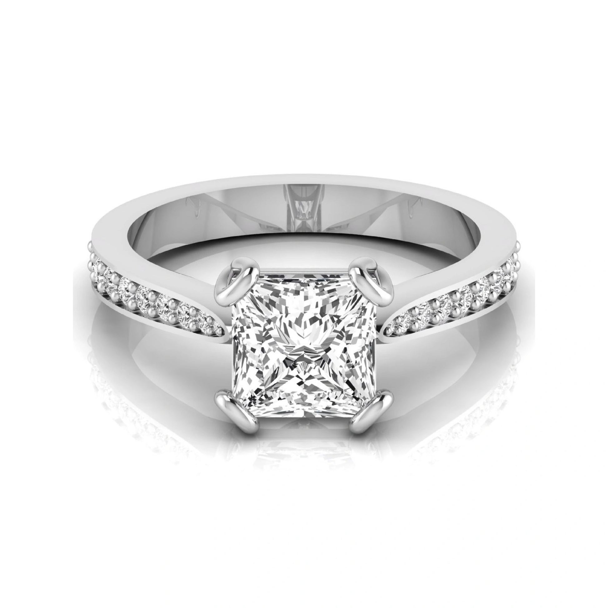 Princess cut lab grown diamond solitaire engagement ring featuring a four-prong setting with a pavé diamond band in white gold tone.