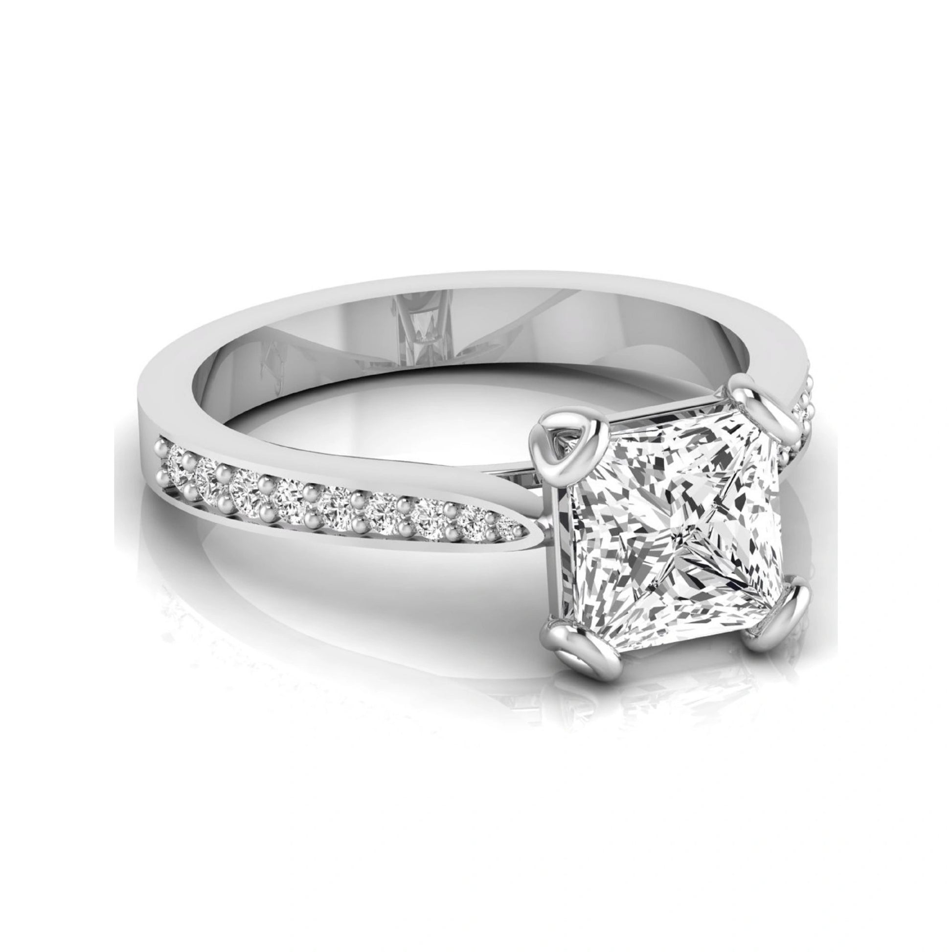 Princess cut lab grown diamond solitaire engagement ring featuring a four-prong setting with a pavé diamond band in white gold tone.