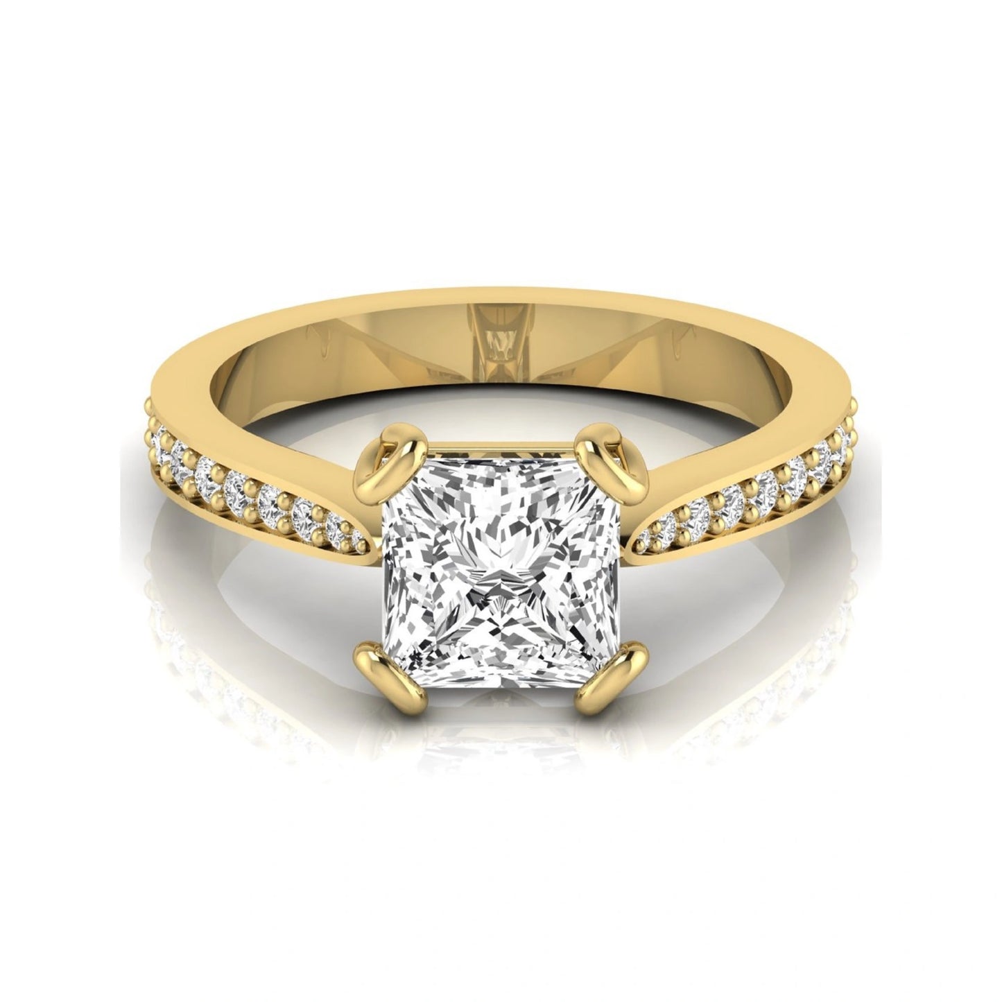 Princess cut lab grown diamond solitaire engagement ring featuring a four-prong setting with a pavé diamond band in yellow gold tone.