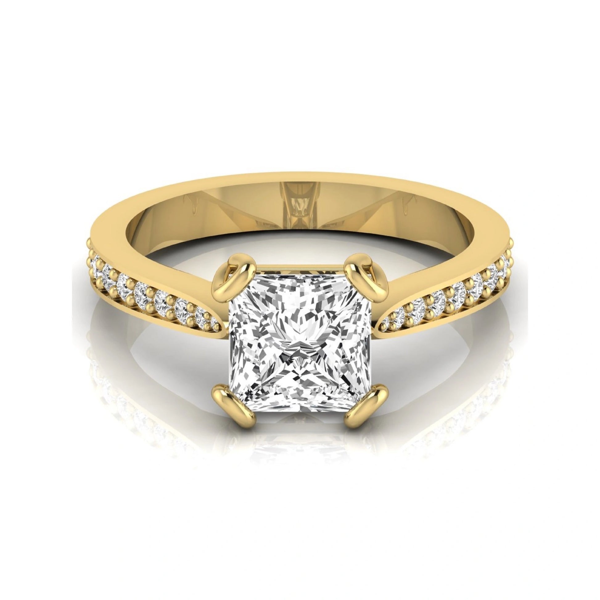 Princess cut lab grown diamond solitaire engagement ring featuring a four-prong setting with a pavé diamond band in yellow gold tone.