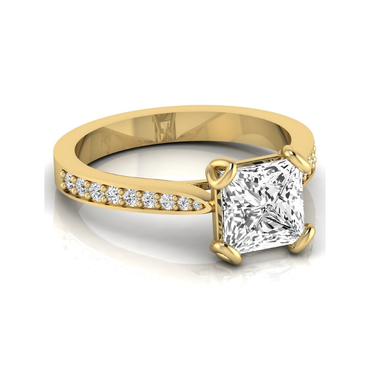 Princess cut lab grown diamond solitaire engagement ring featuring a four-prong setting with a pavé diamond band in yellow gold tone.