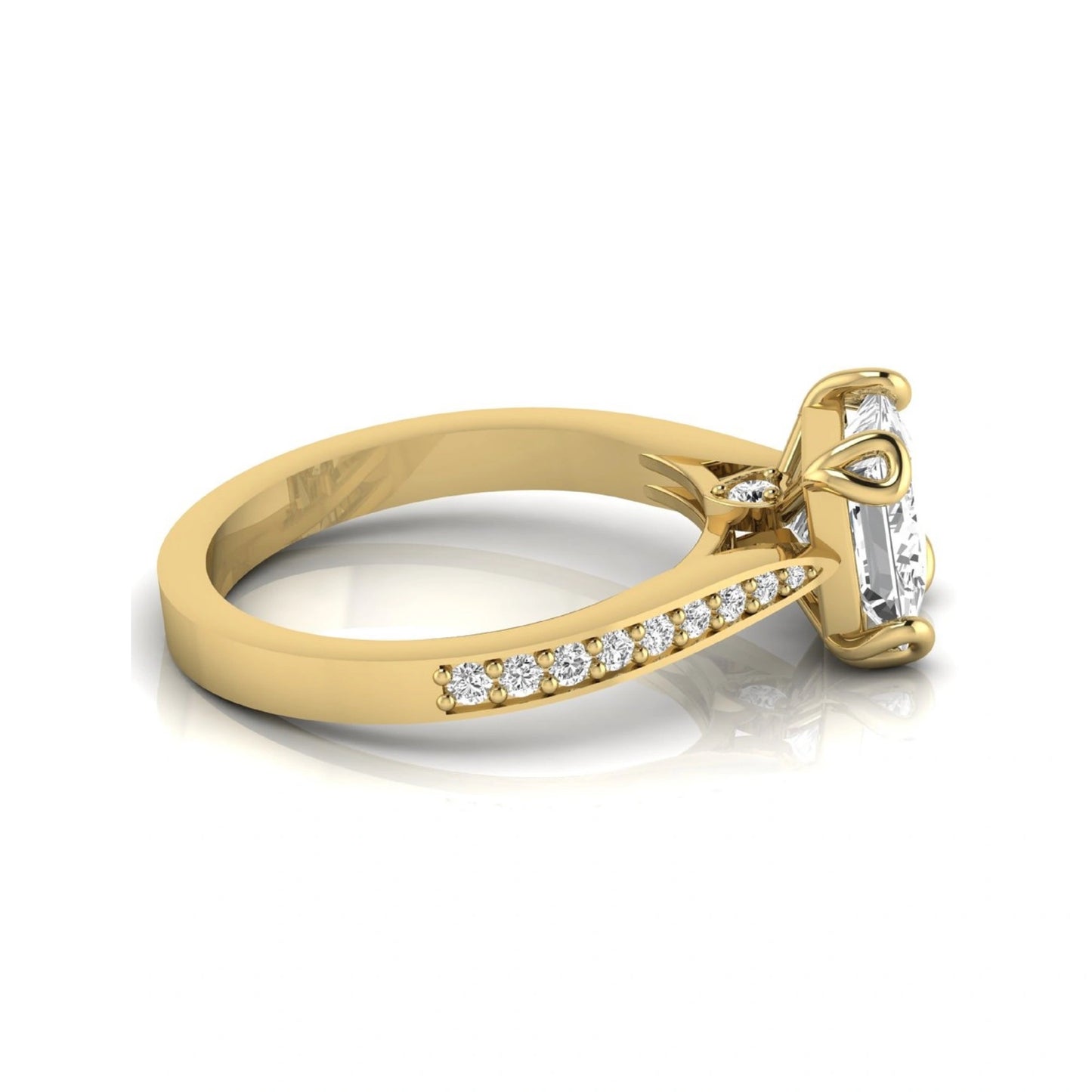 Princess cut lab grown diamond solitaire engagement ring featuring a four-prong setting with a pavé diamond band in yellow gold tone.