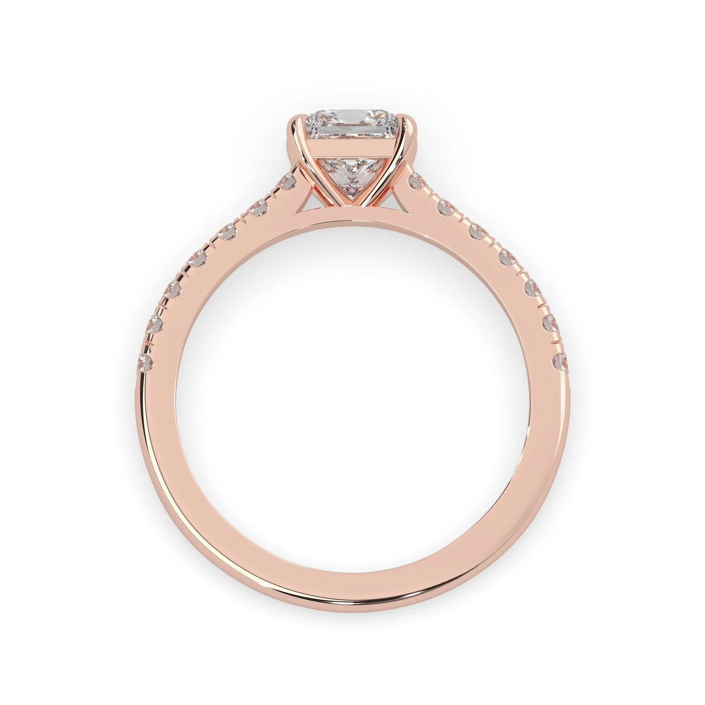 princess cut lab grown diamond prong set engagement ring with pavé band and rose gold metal tone design