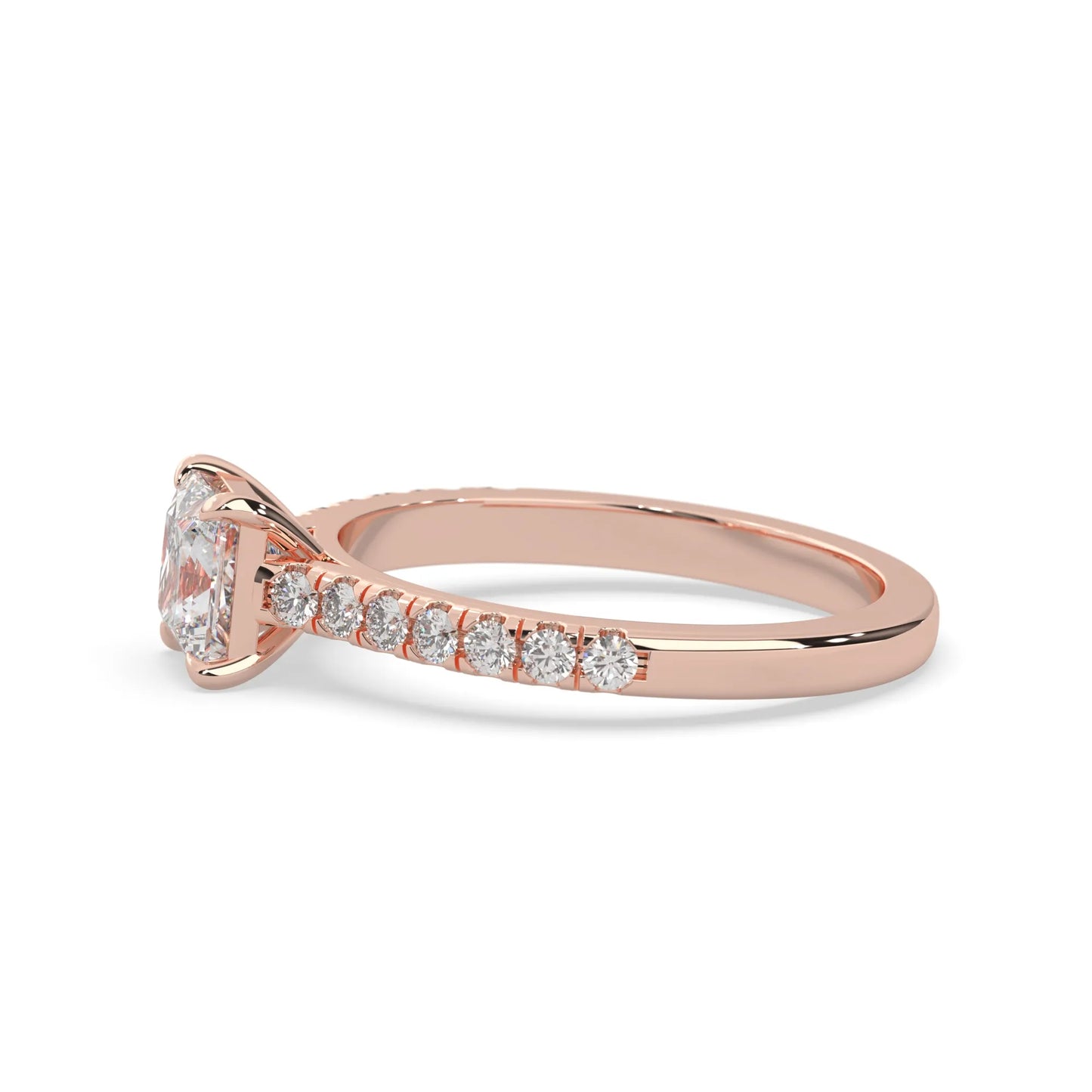 princess cut lab grown diamond prong set engagement ring with pavé band and rose gold metal tone design