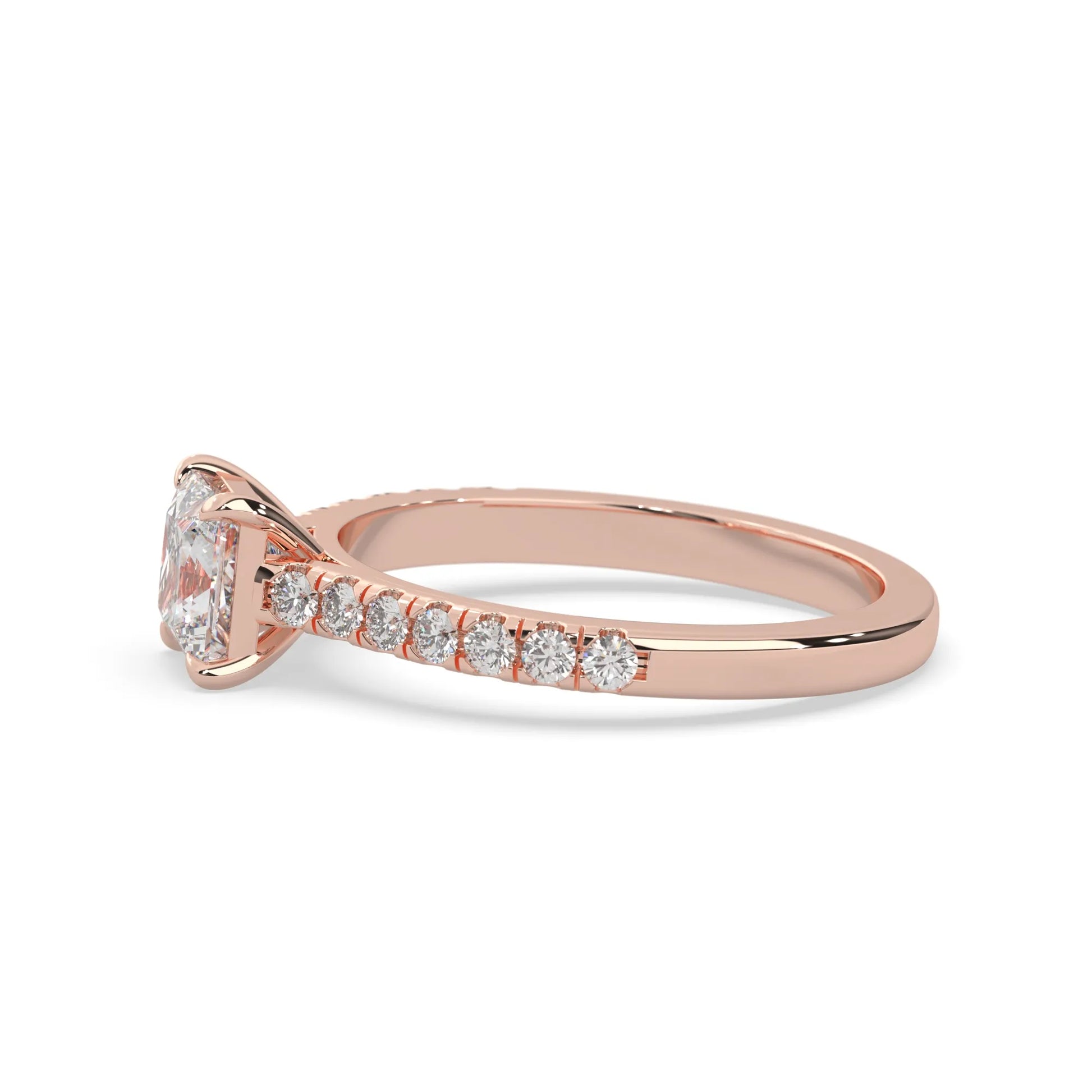 princess cut lab grown diamond prong set engagement ring with pavé band and rose gold metal tone design