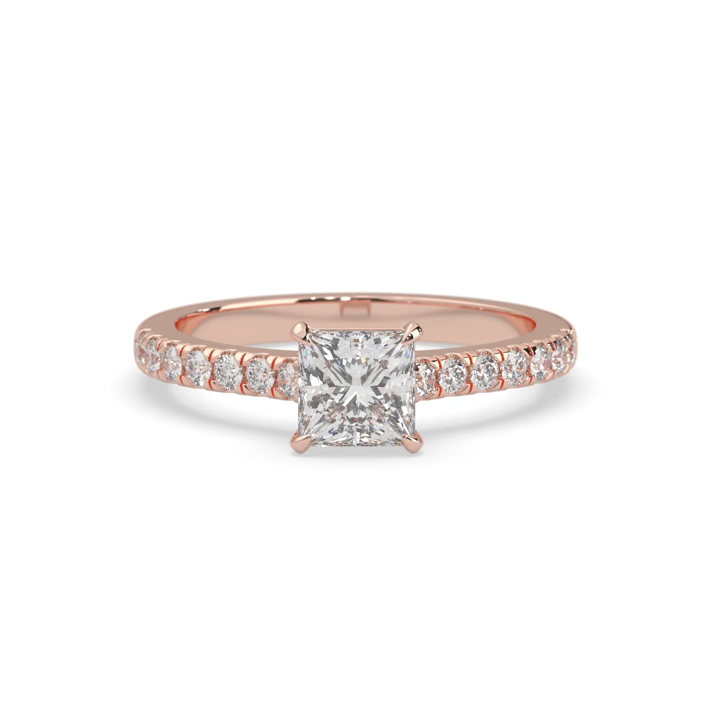 princess cut lab grown diamond prong set engagement ring with pavé band and rose gold metal tone design