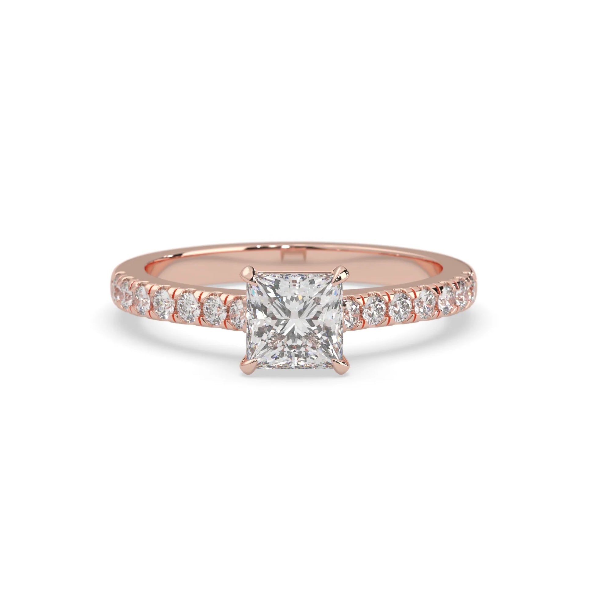 princess cut lab grown diamond prong set engagement ring with pavé band and rose gold metal tone design