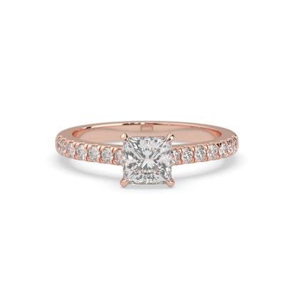 princess cut lab grown diamond prong set engagement ring with pavé band and rose gold metal tone design