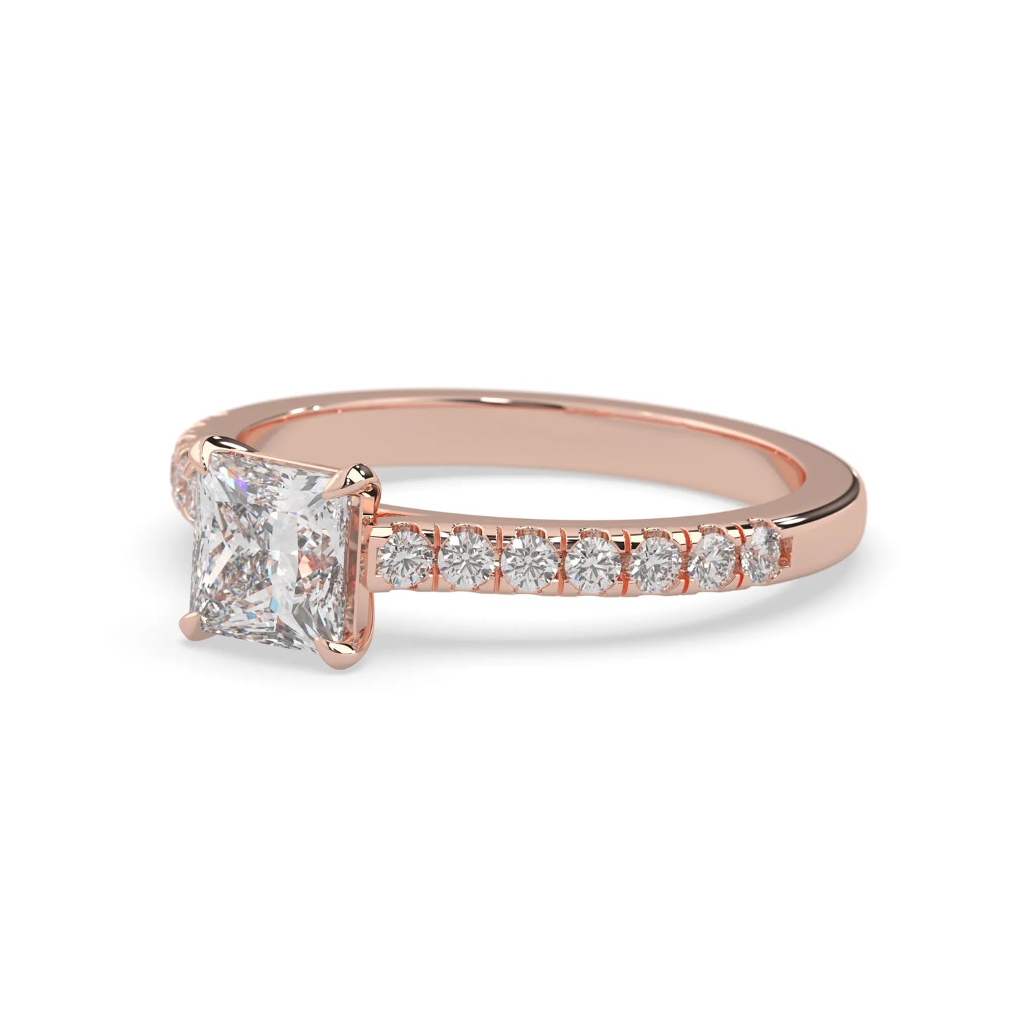 princess cut lab grown diamond prong set engagement ring with pavé band and rose gold metal tone design