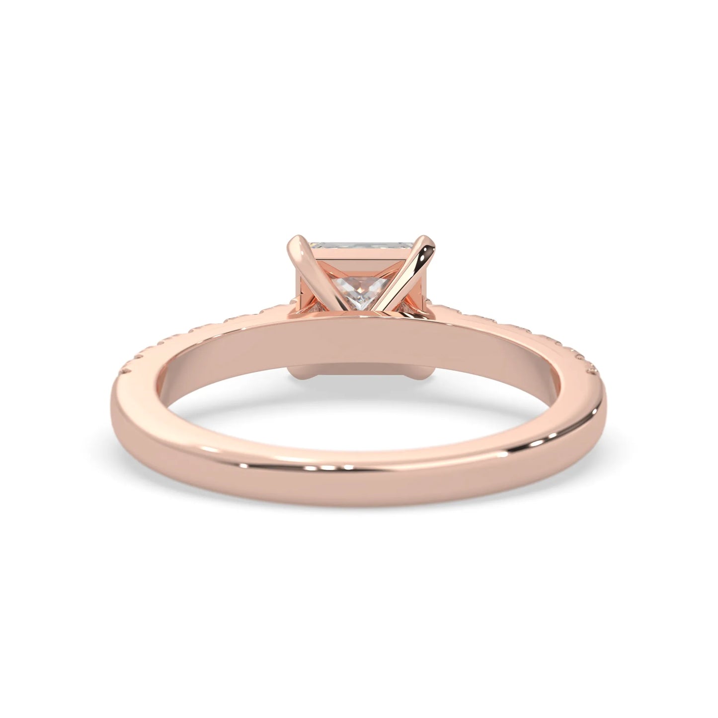 princess cut lab grown diamond prong set engagement ring with pavé band and rose gold metal tone design