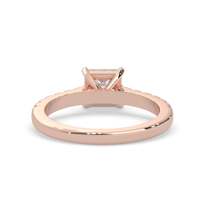 princess cut lab grown diamond prong set engagement ring with pavé band and rose gold metal tone design