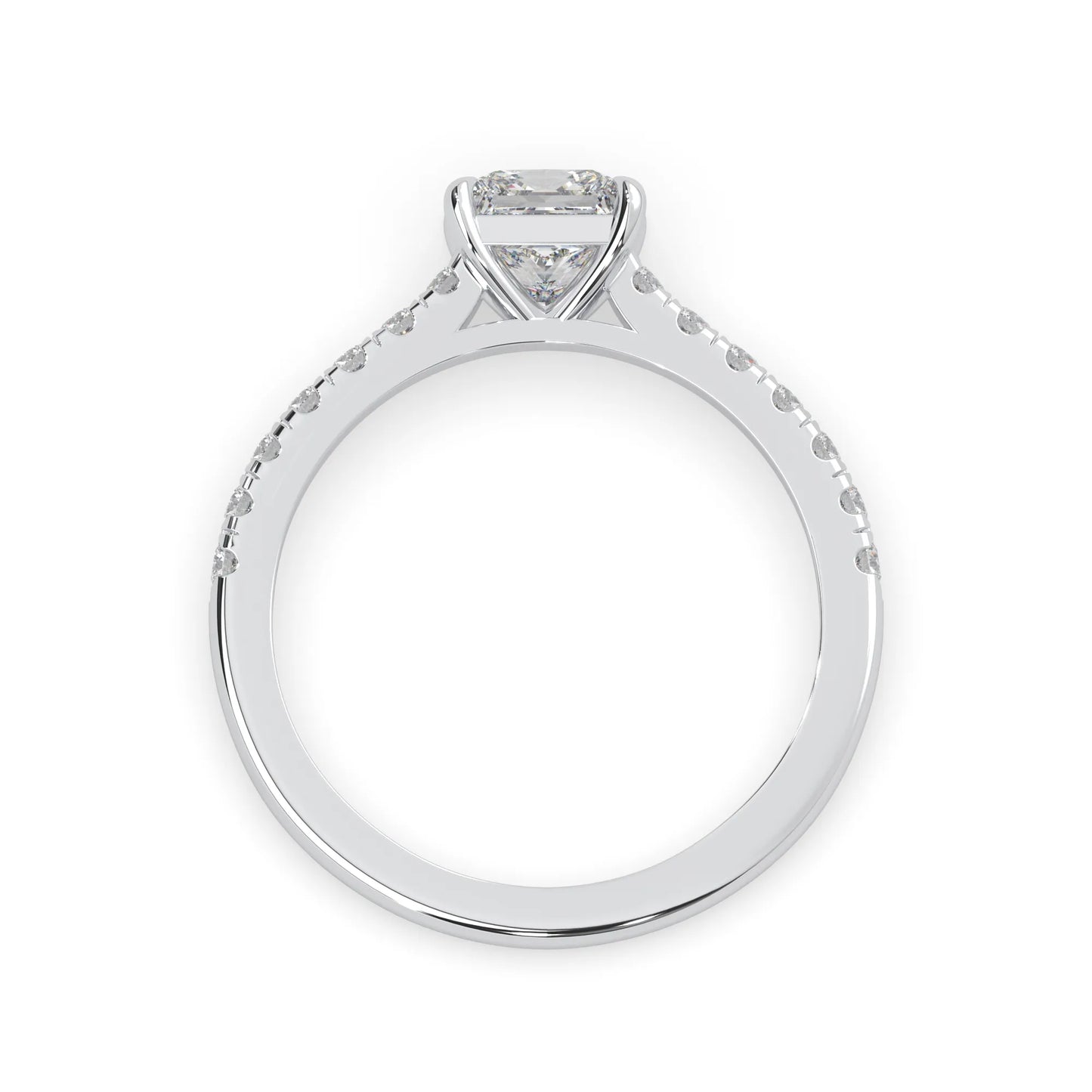 princess cut lab grown diamond prong set engagement ring with pavé band and white gold metal tone design