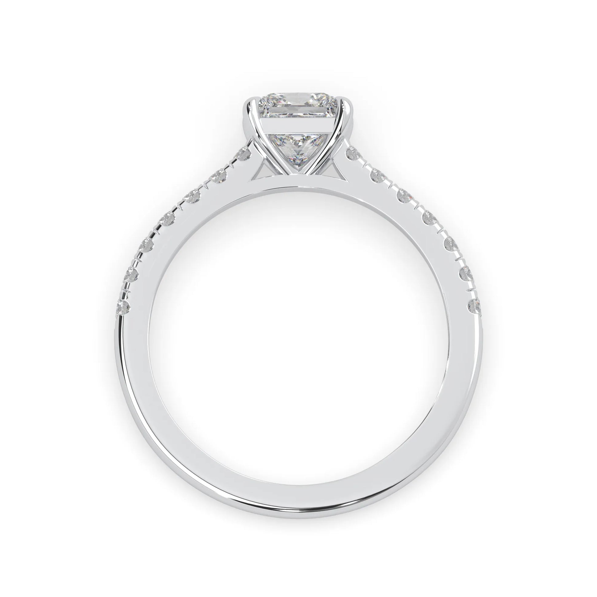 princess cut lab grown diamond prong set engagement ring with pavé band and white gold metal tone design