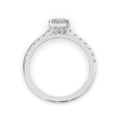 princess cut lab grown diamond prong set engagement ring with pavé band and white gold metal tone design