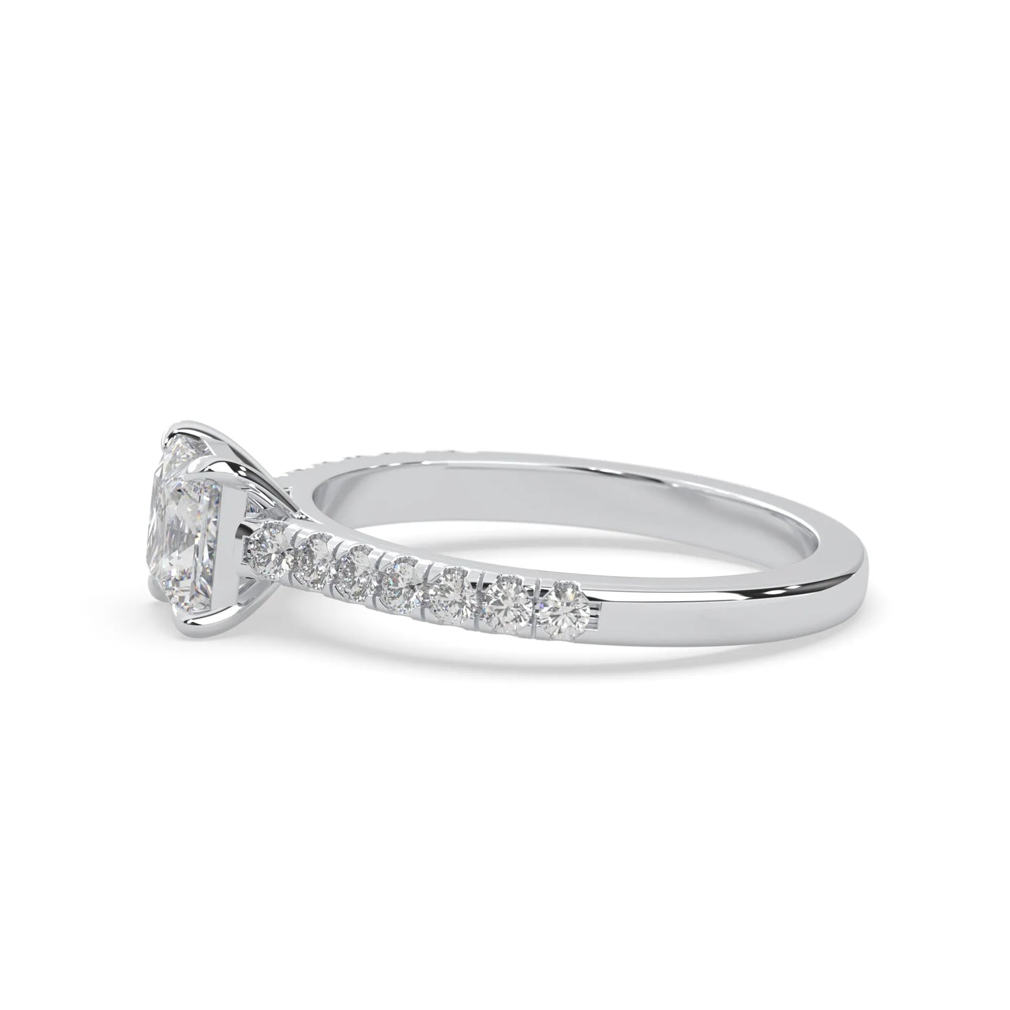princess cut lab grown diamond prong set engagement ring with pavé band and white gold metal tone design