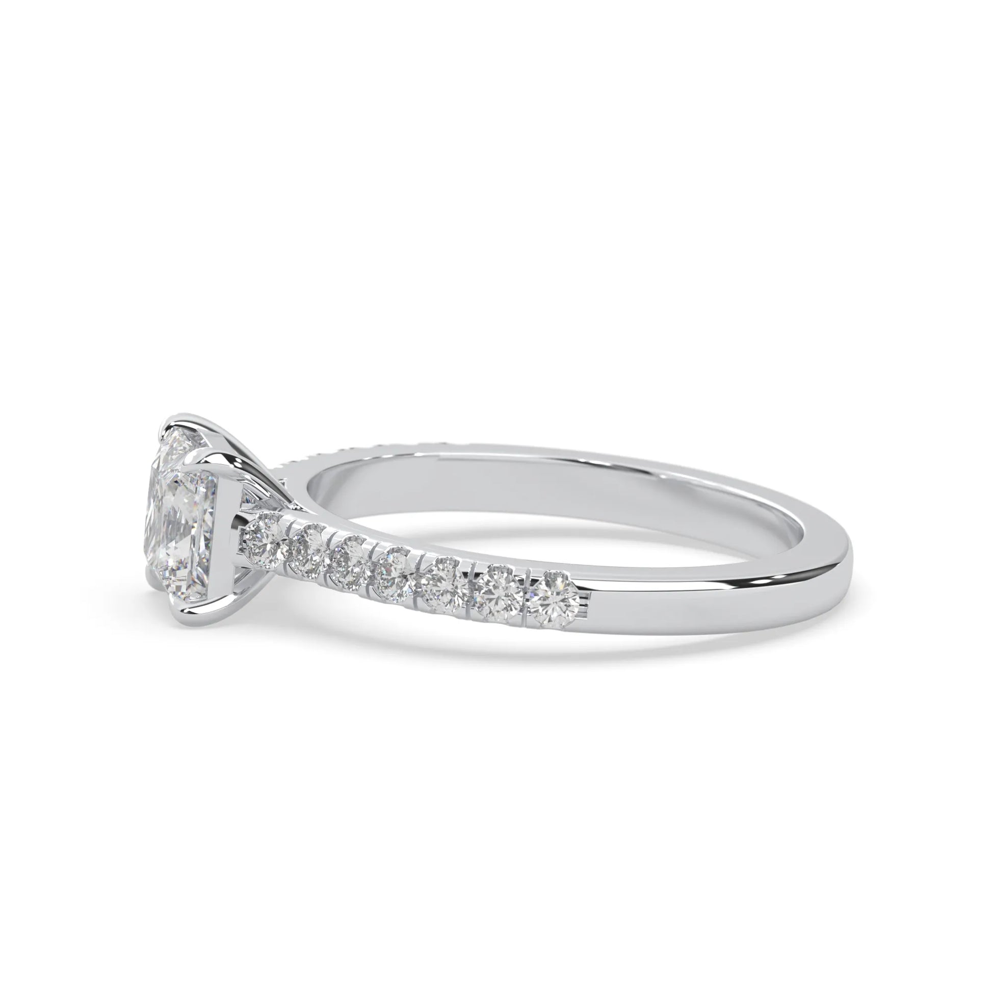 princess cut lab grown diamond prong set engagement ring with pavé band and white gold metal tone design
