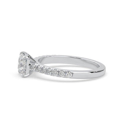 princess cut lab grown diamond prong set engagement ring with pavé band and white gold metal tone design