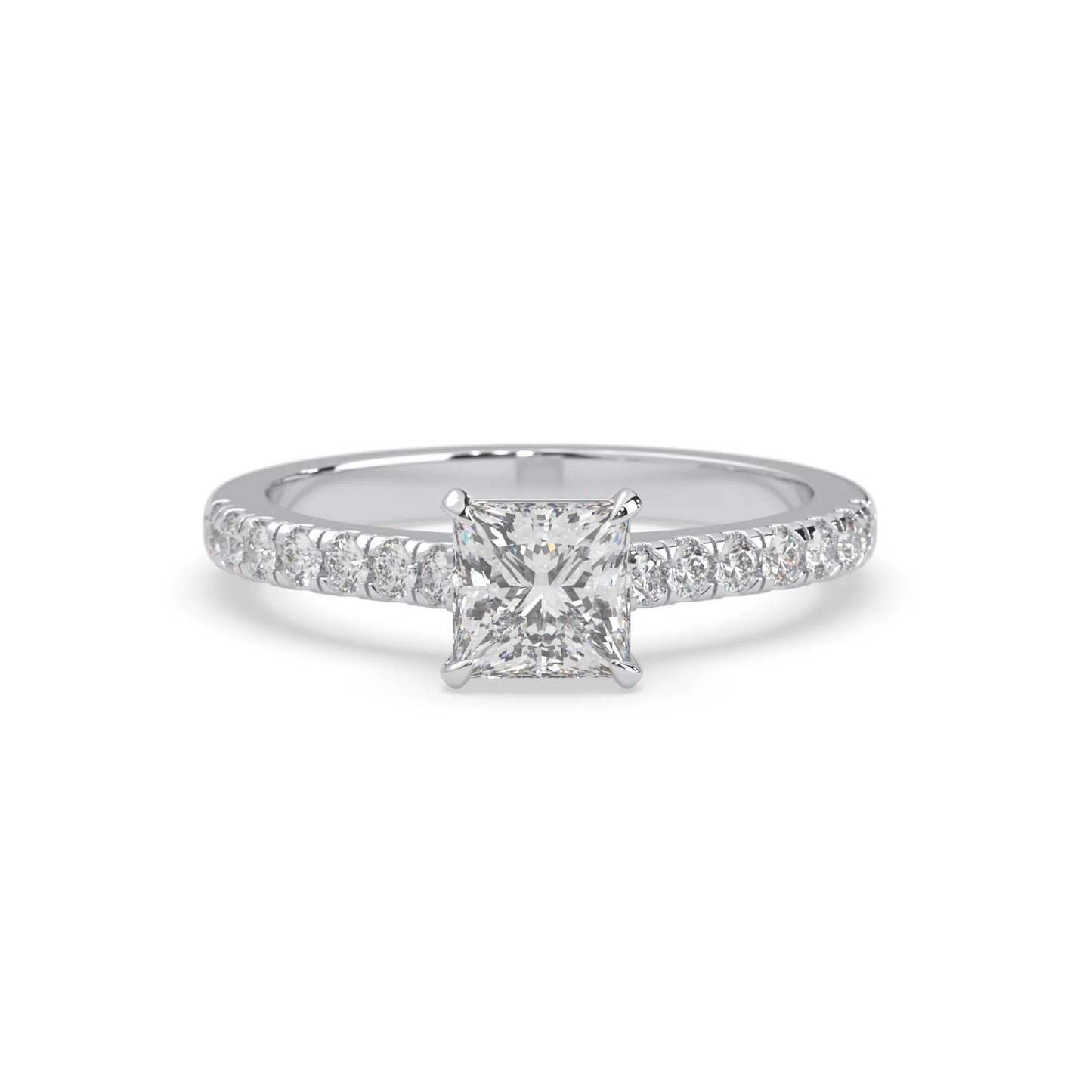 princess cut lab grown diamond prong set engagement ring with pavé band and white gold metal tone design