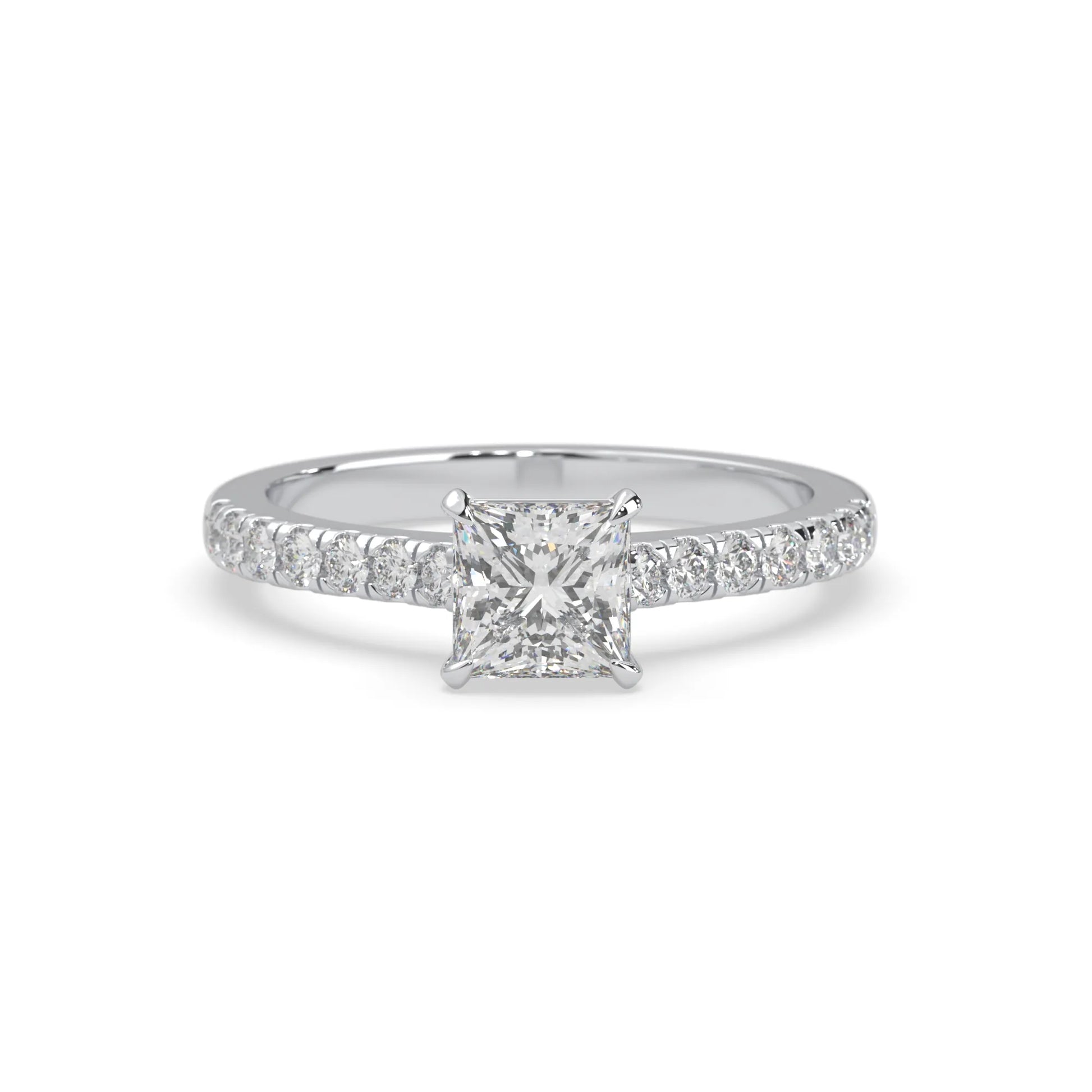princess cut lab grown diamond prong set engagement ring with pavé band and white gold metal tone design