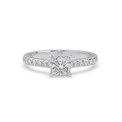 princess cut lab grown diamond prong set engagement ring with pavé band and white gold metal tone design
