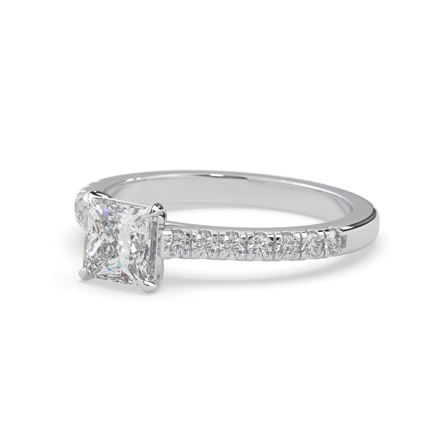 princess cut lab grown diamond prong set engagement ring with pavé band and white gold metal tone design