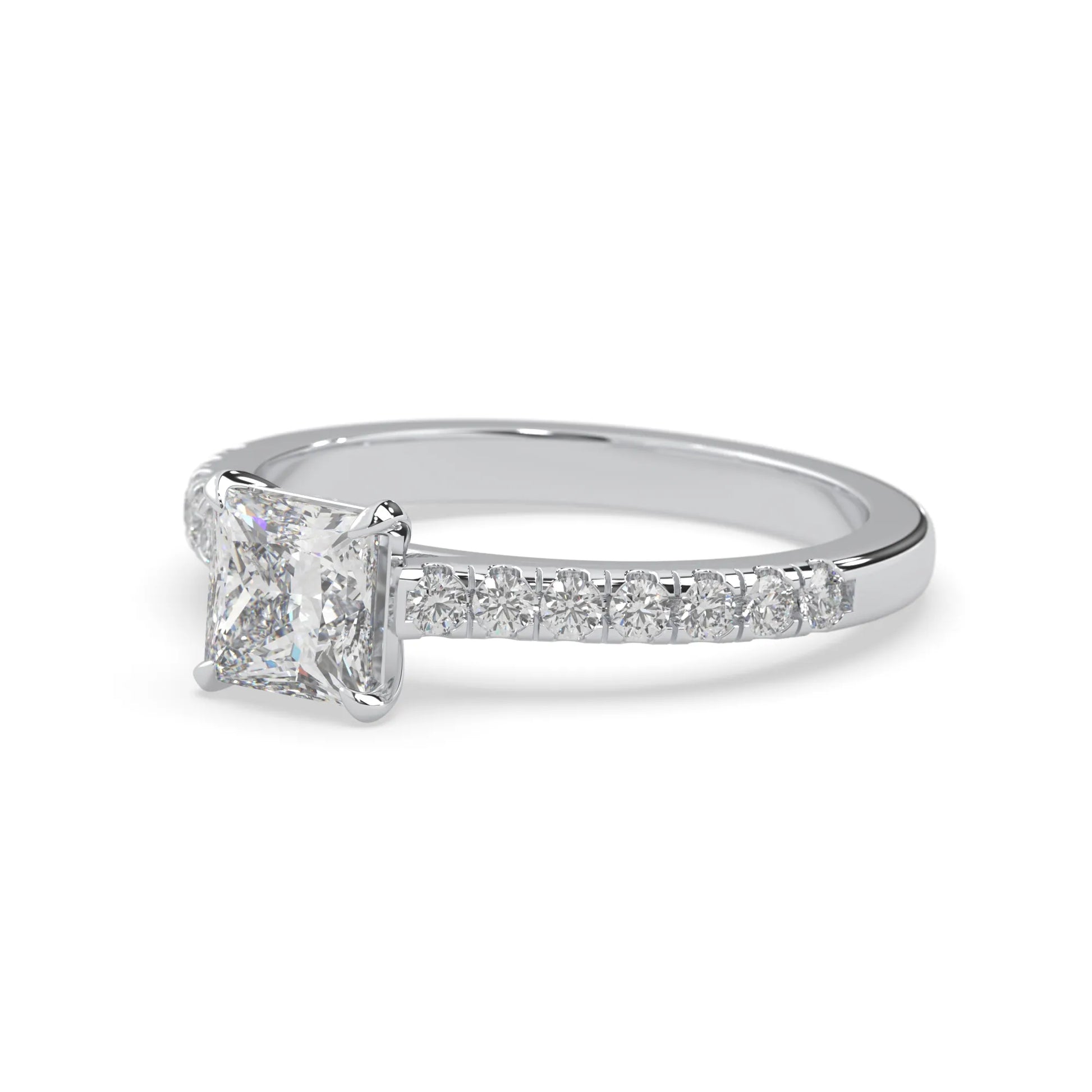 princess cut lab grown diamond prong set engagement ring with pavé band and white gold metal tone design