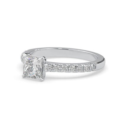 princess cut lab grown diamond prong set engagement ring with pavé band and white gold metal tone design