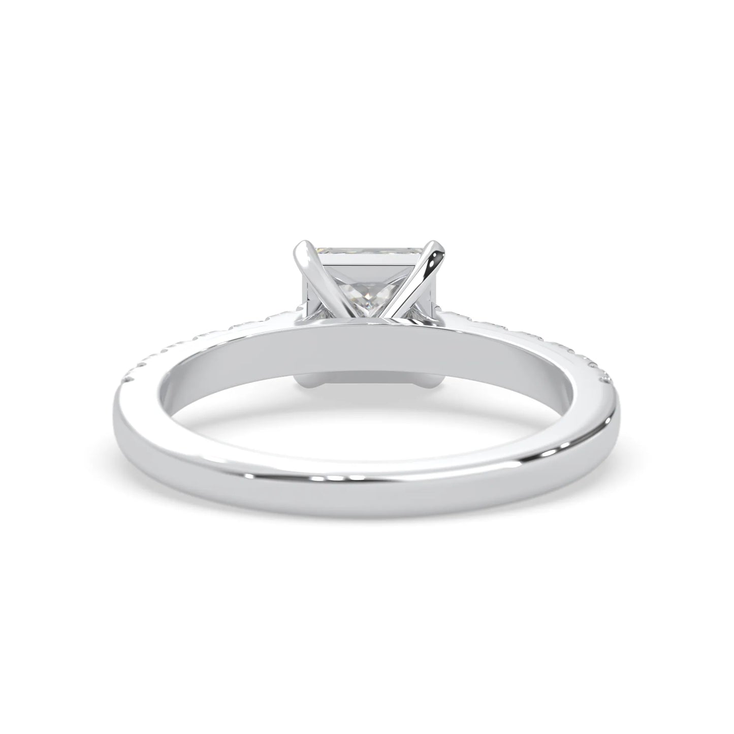 princess cut lab grown diamond prong set engagement ring with pavé band and white gold metal tone design