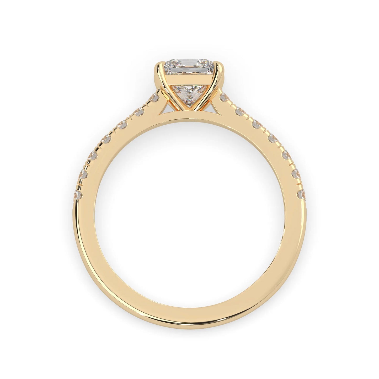 princess cut lab grown diamond prong set engagement ring with pavé band and yellow gold metal tone design