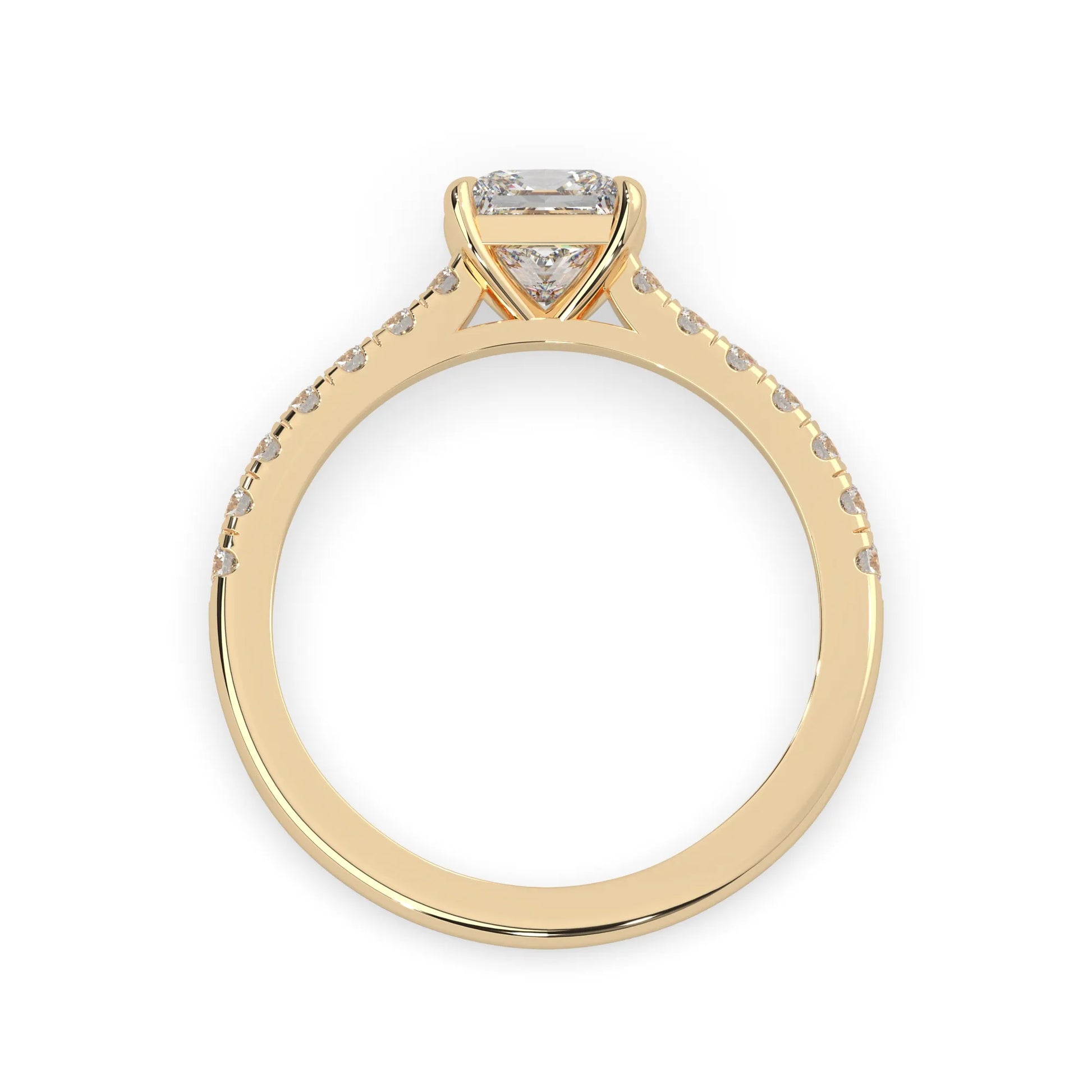 princess cut lab grown diamond prong set engagement ring with pavé band and yellow gold metal tone design