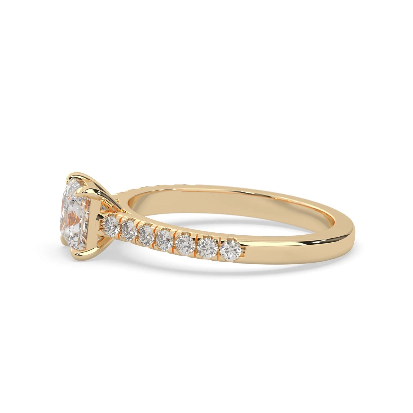 princess cut lab grown diamond prong set engagement ring with pavé band and yellow gold metal tone design