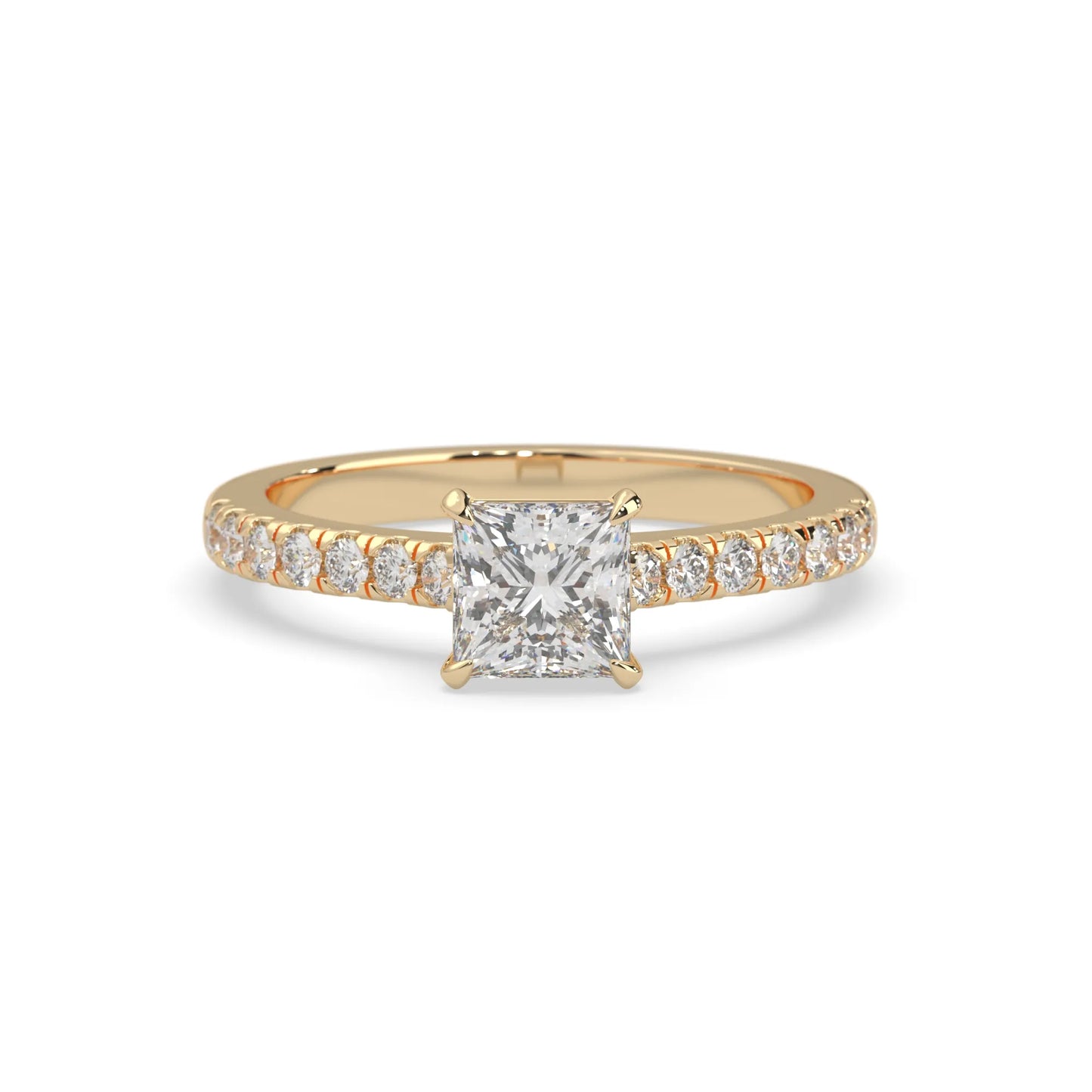 princess cut lab grown diamond prong set engagement ring with pavé band and yellow gold metal tone design