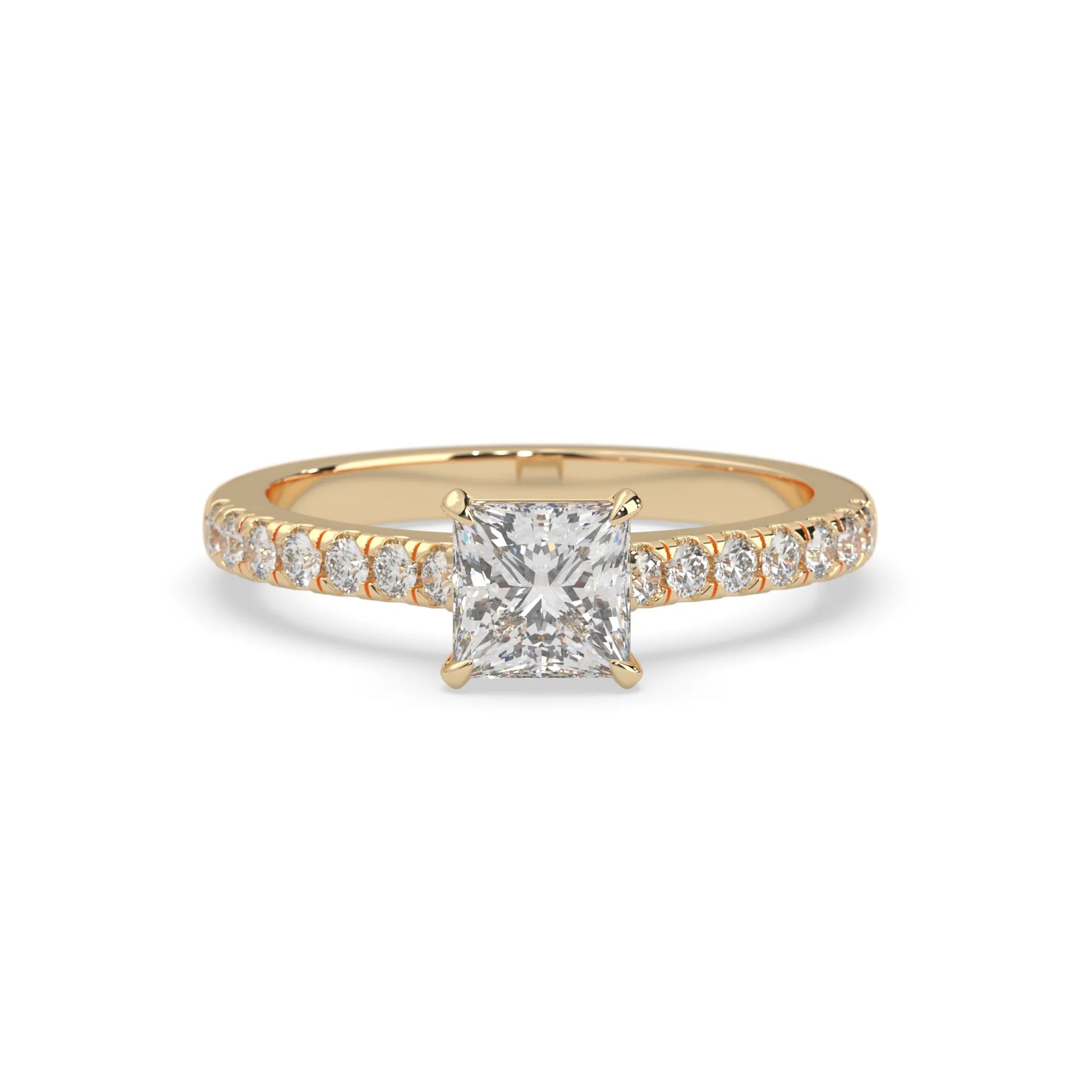 princess cut lab grown diamond prong set engagement ring with pavé band and yellow gold metal tone design