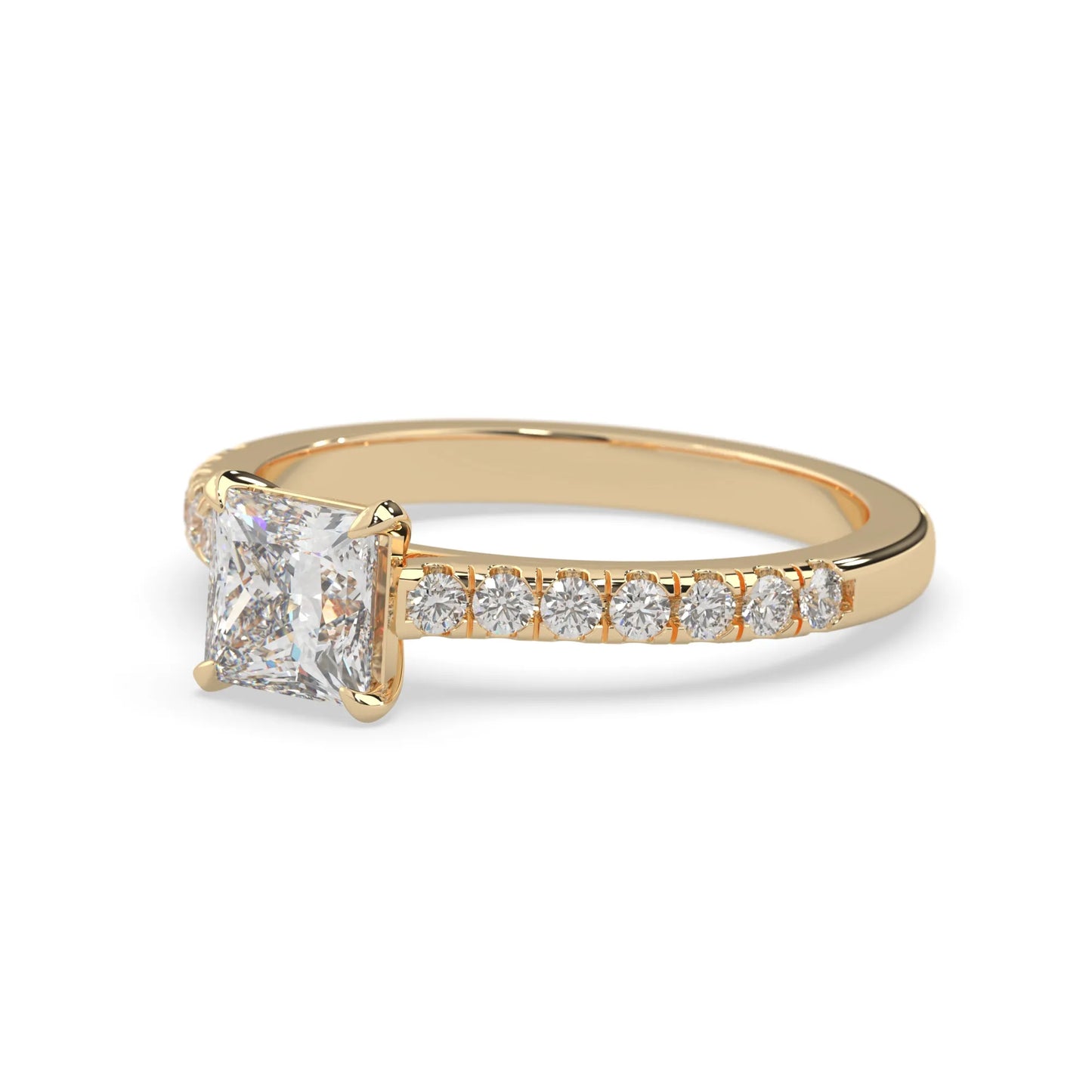 princess cut lab grown diamond prong set engagement ring with pavé band and yellow gold metal tone design