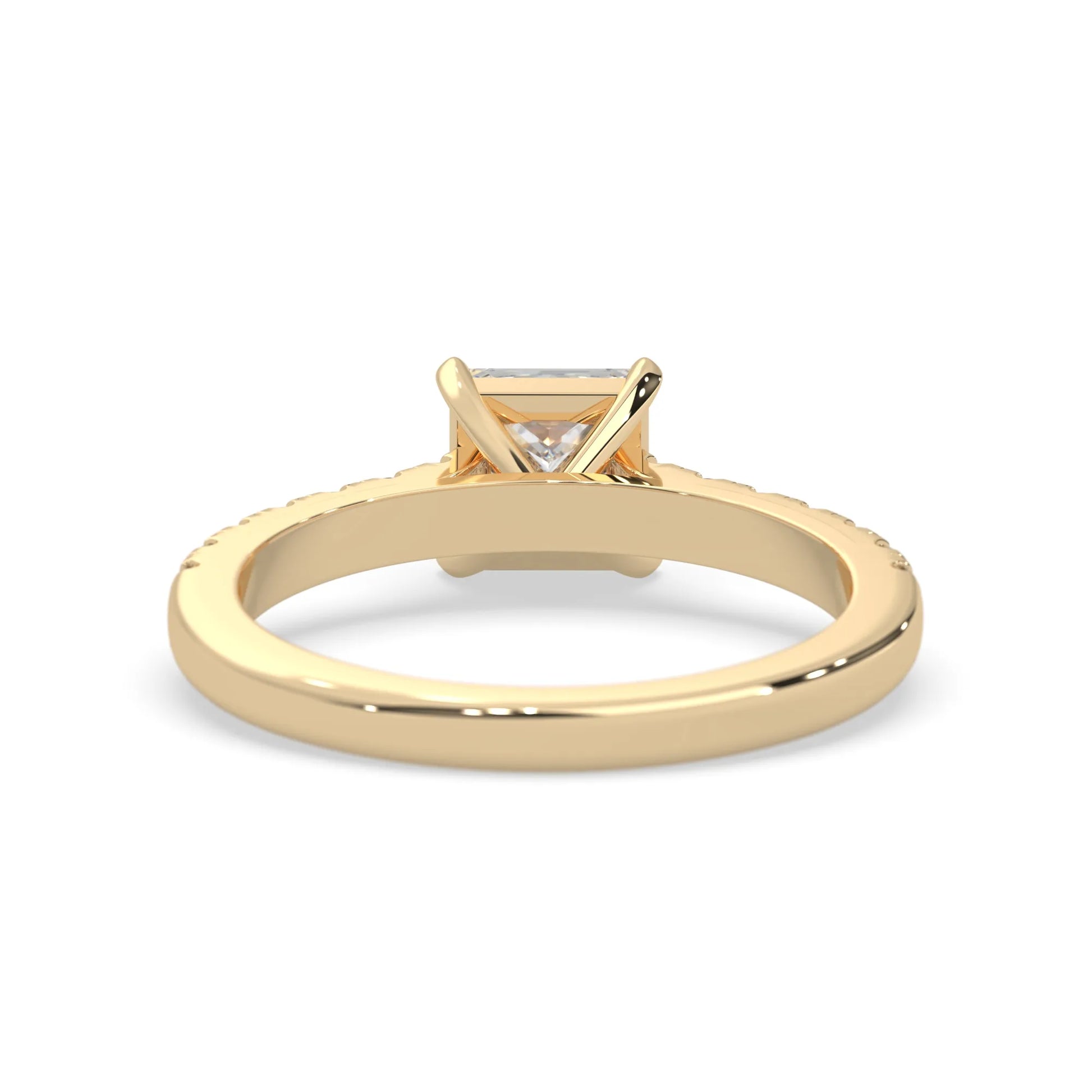 princess cut lab grown diamond prong set engagement ring with pavé band and yellow gold metal tone design