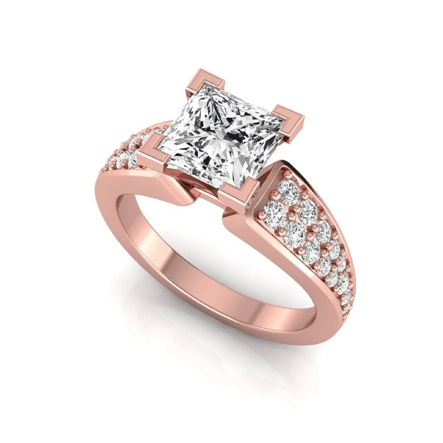 Princess cut lab grown diamond engagement ring with round side accent diamonds and four-prong setting in rose gold style.