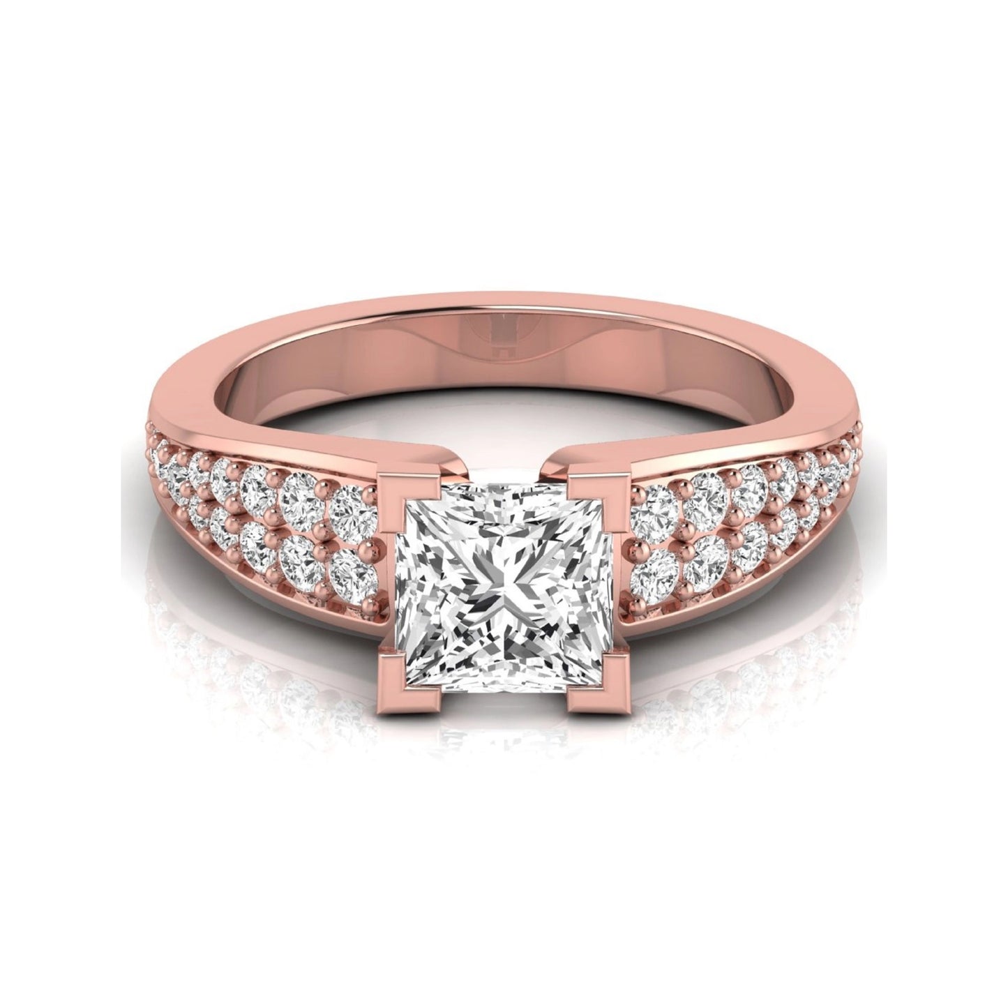 Princess cut lab grown diamond engagement ring with round side accent diamonds and four-prong setting in rose gold style.