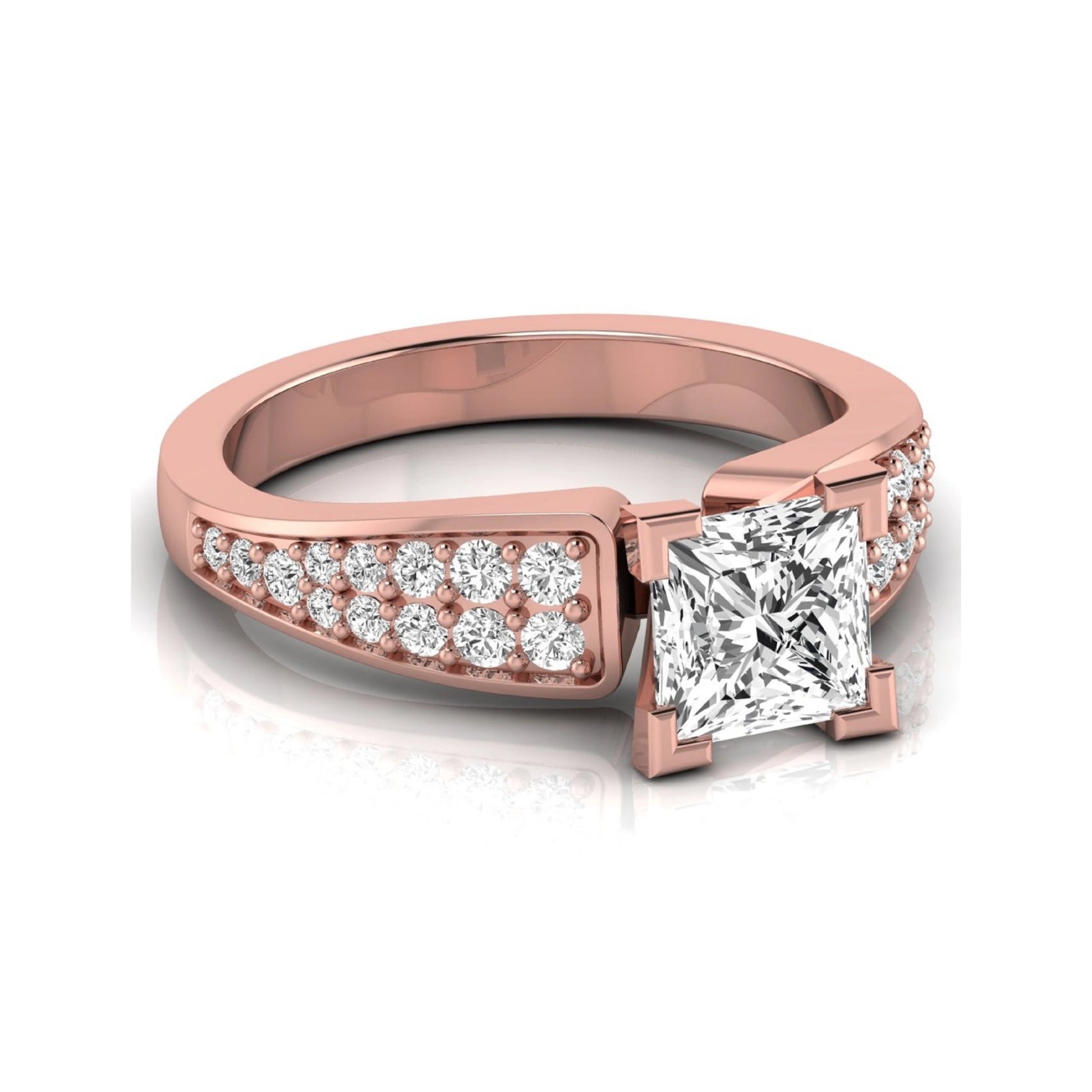 Princess cut lab grown diamond engagement ring with round side accent diamonds and four-prong setting in rose gold style.