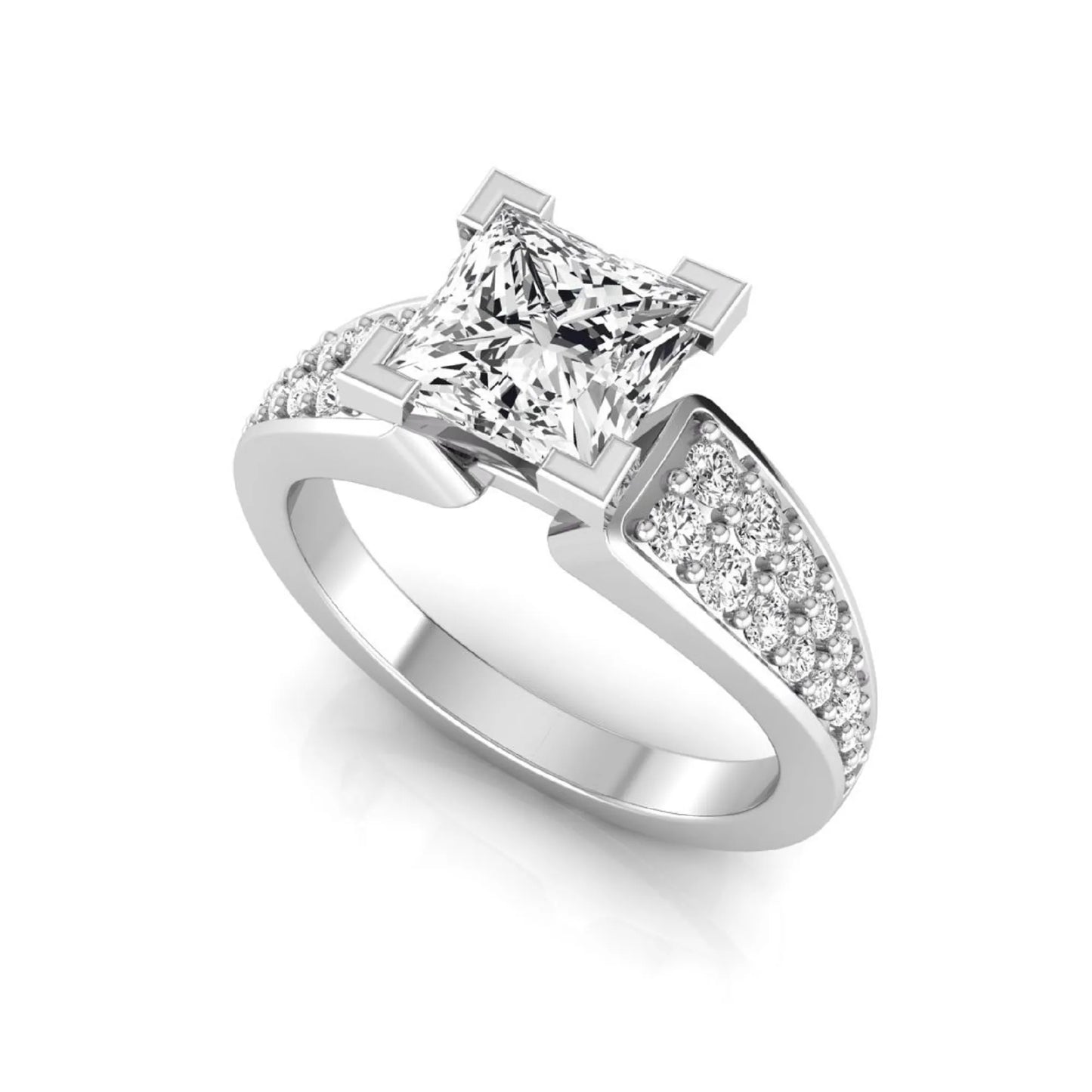 Princess cut lab grown diamond engagement ring with round side accent diamonds and four-prong setting in white gold style.