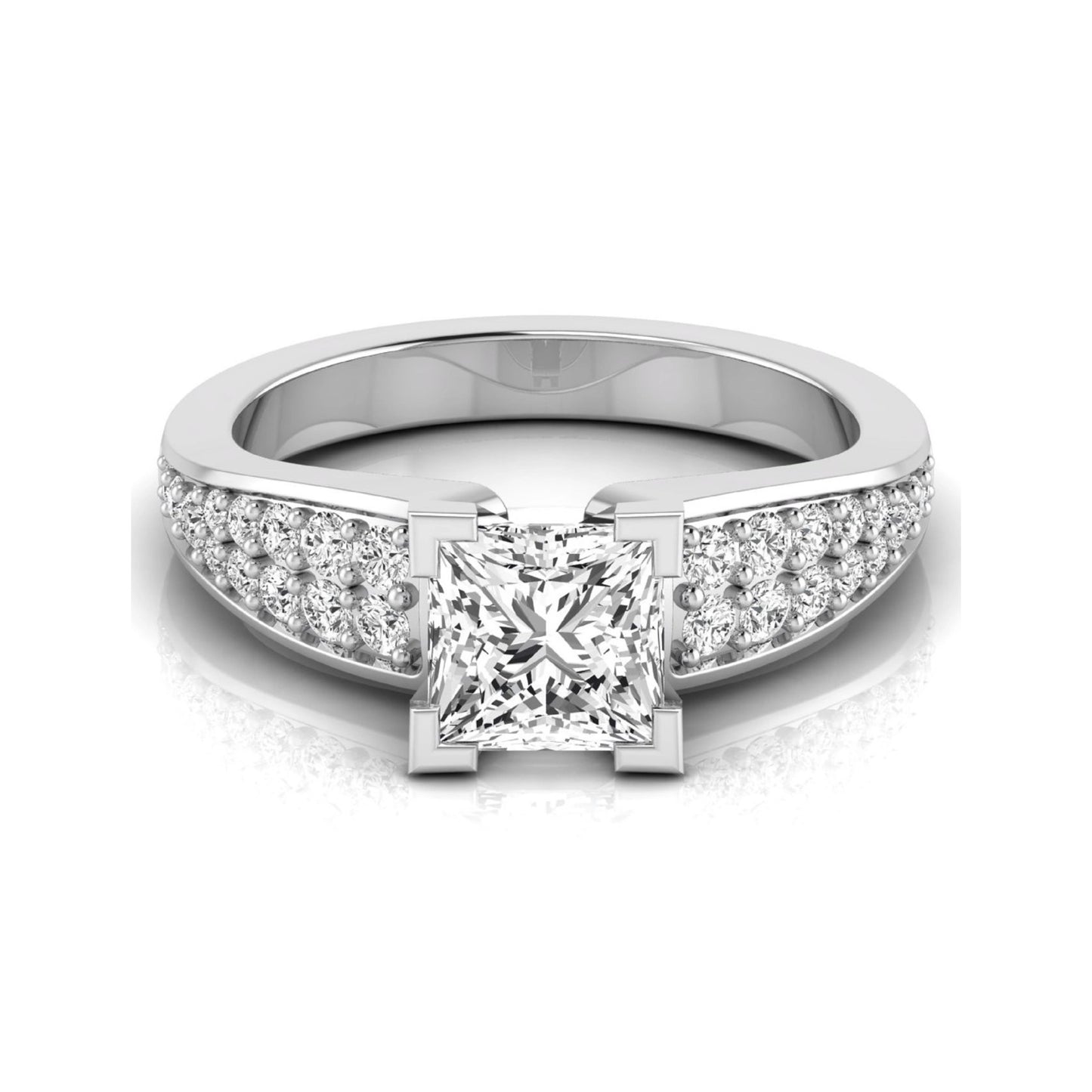 Princess cut lab grown diamond engagement ring with round side accent diamonds and four-prong setting in white gold style.