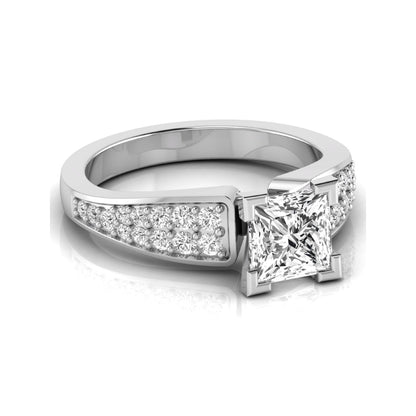 Princess cut lab grown diamond engagement ring with round side accent diamonds and four-prong setting in white gold style.