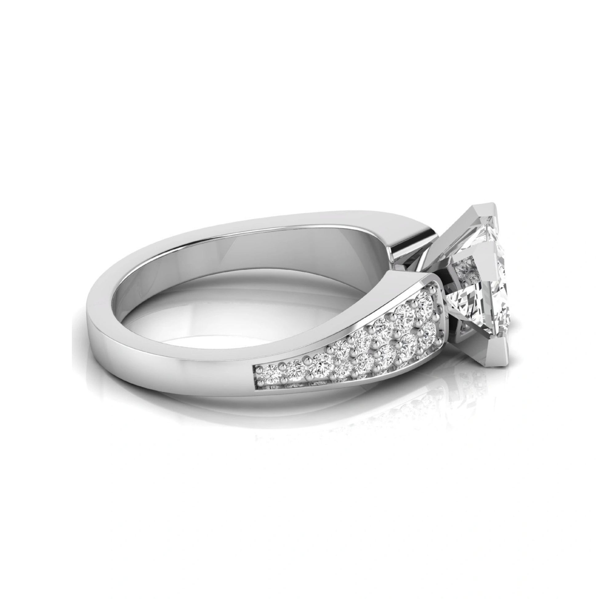 Princess cut lab grown diamond engagement ring with round side accent diamonds and four-prong setting in white gold style.