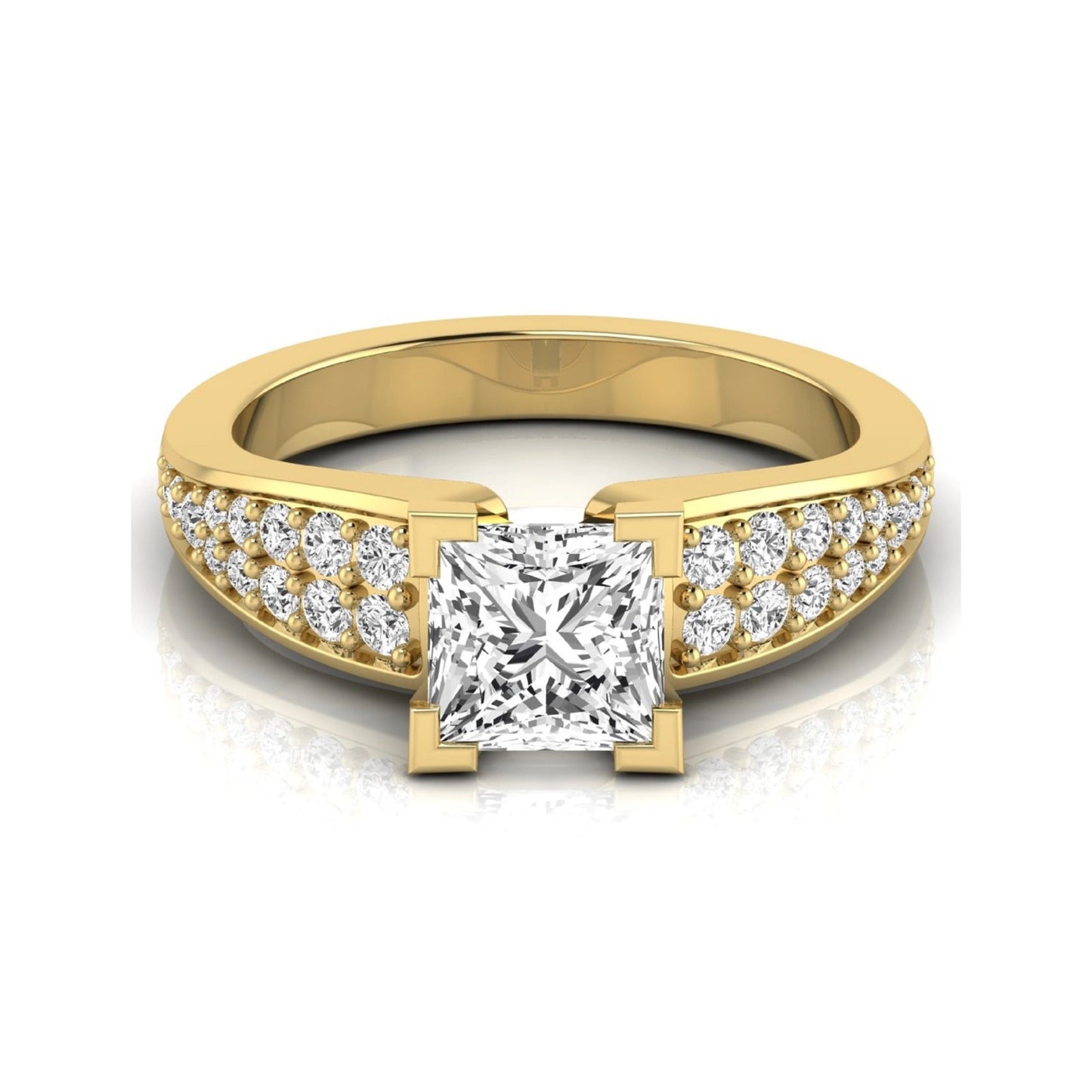Princess cut lab grown diamond engagement ring with round side accent diamonds and four-prong setting in yellow gold style.