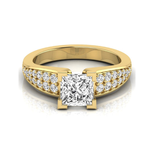 Princess cut lab grown diamond engagement ring with round side accent diamonds and four-prong setting in yellow gold style.