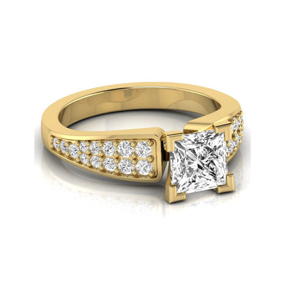 Princess cut lab grown diamond engagement ring with round side accent diamonds and four-prong setting in yellow gold style.