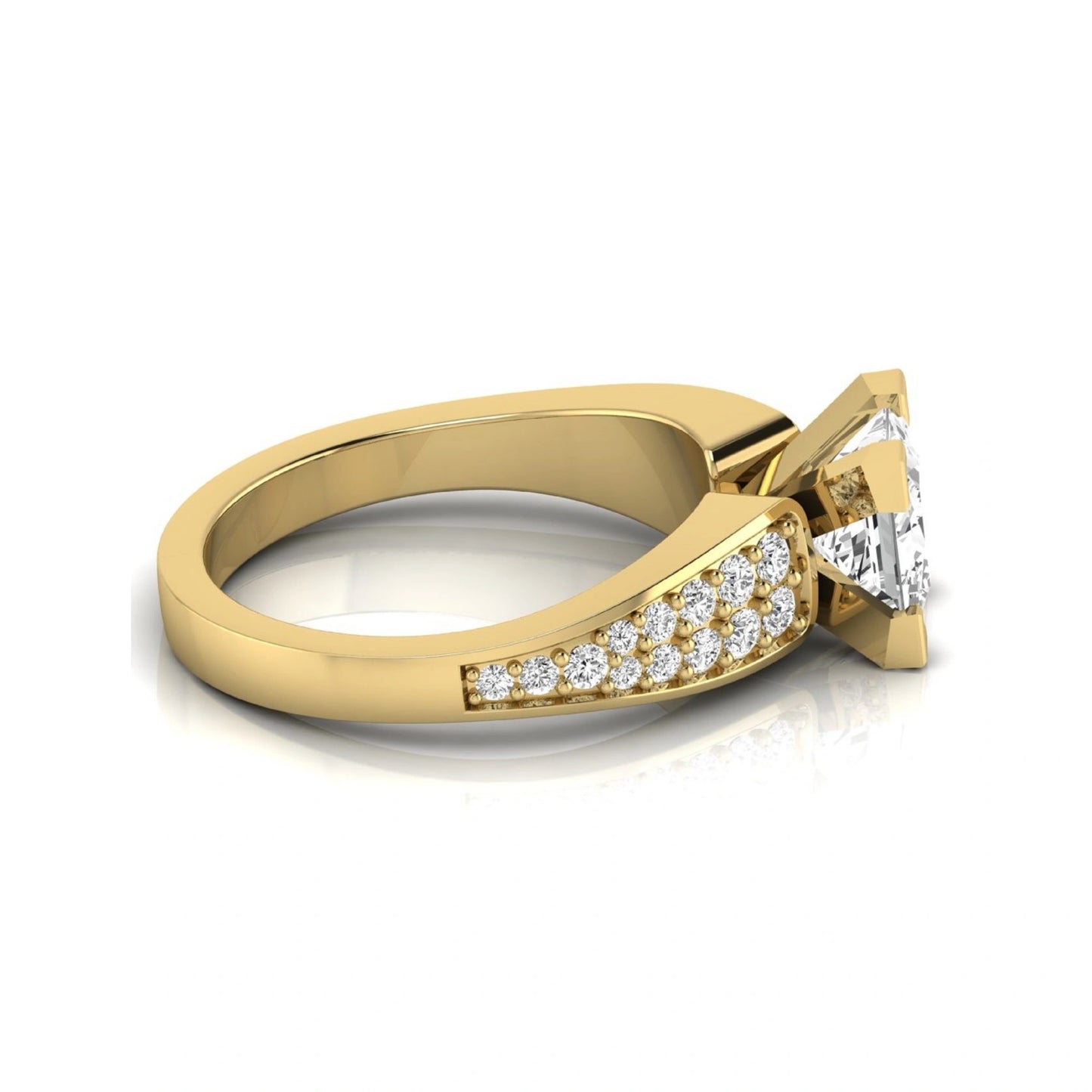 Princess cut lab grown diamond engagement ring with round side accent diamonds and four-prong setting in yellow gold style.